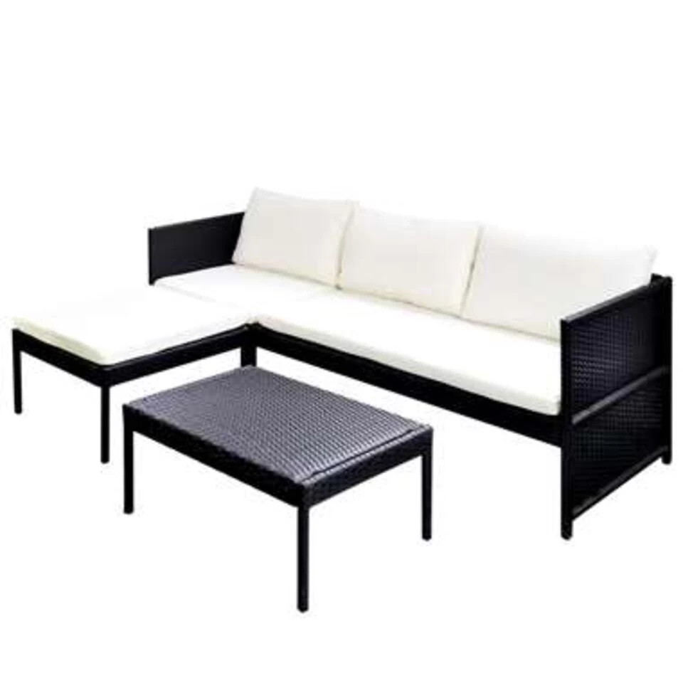 VidaXL 3-delige Loungeset Met Kussens Poly Rattan Zwart - Afbeelding 2