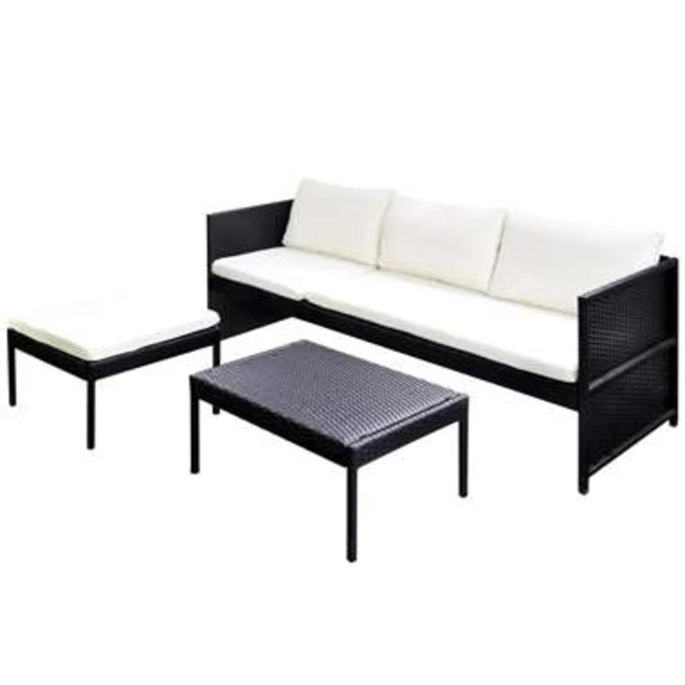 VidaXL 3-delige Loungeset Met Kussens Poly Rattan Zwart - Afbeelding 4