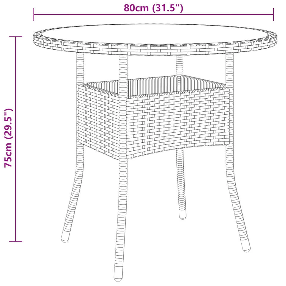 VidaXL Tuintafel Ø80x75 Cm Gehard Glas En Poly Rattan Zwart - Afbeelding 4